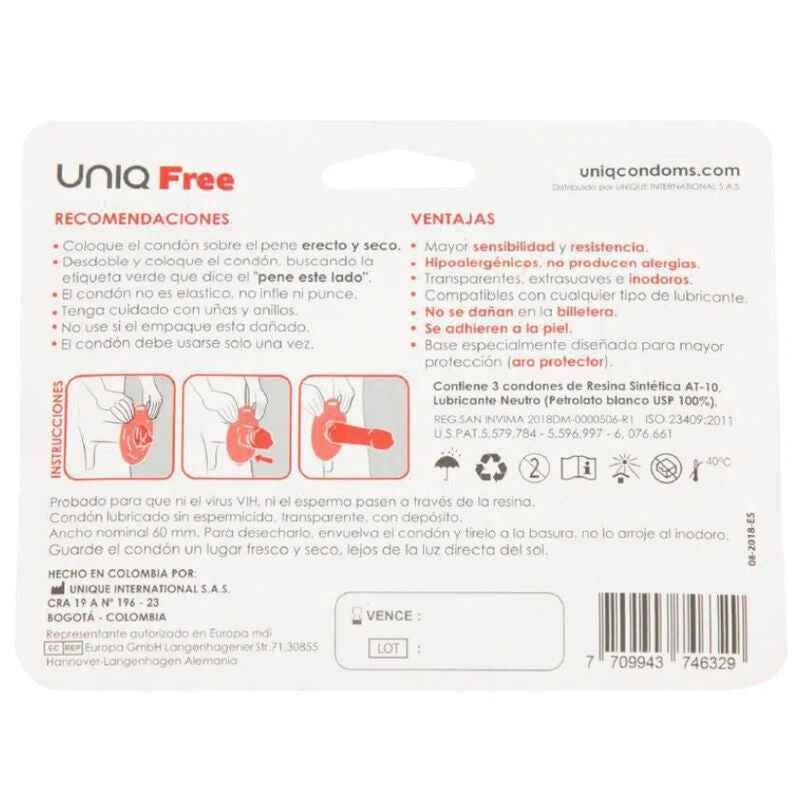 UNIQ - PRESERVATIVO SENZA LATTICE FREE CON ANELLO DI PROTEZIONE 3 UNITÀ - UNIQ | Lingerie Harness Boutique