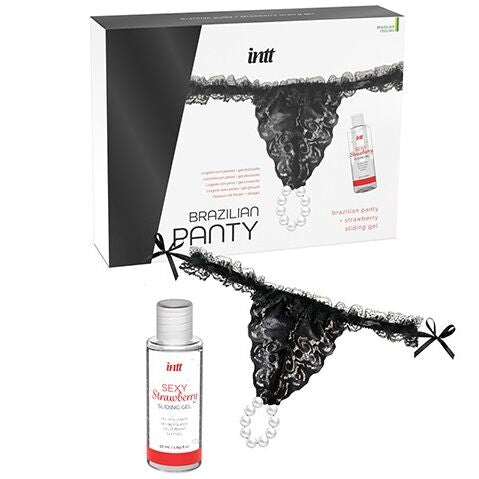 INTT RELEASES - SLIP NERO BRASILIANO CON PERLE E GEL LUBRIFICANTE 50 ML - INTT RELEASES | Lingerie Harness Boutique