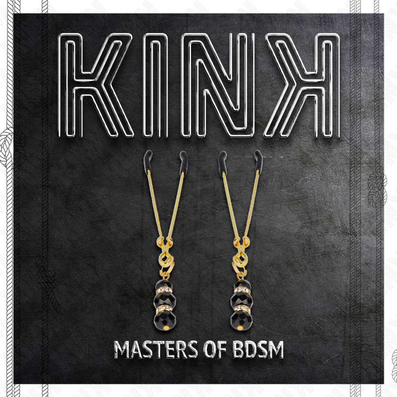 KINK - PINZE PER CAPEZZOLI SOTTILI ORO CON 3 PERLINE DI VETRO NERE 7 CM - KINK NIPPLE GRIP | Lingerie Harness Boutique