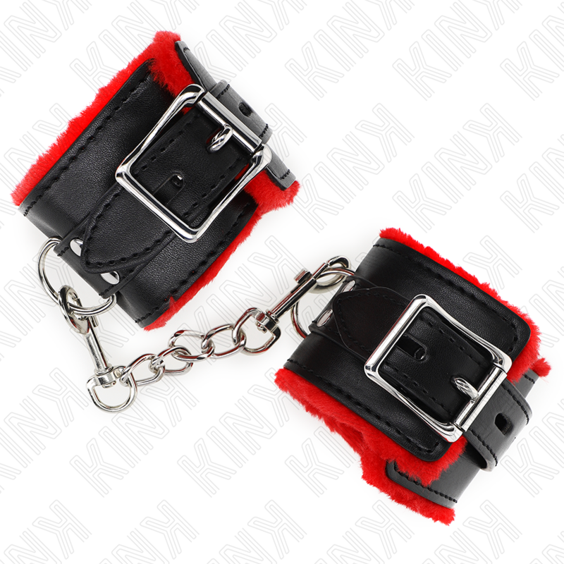 KINK - POLSINI IMBOTTITI IN PELLICCIA CON FORI QUADRI CINTURA ROSSA E NERA REGOLABILE 17-29 CM X 6 CM - KINK COLLAR & GAG | Lingerie Harness Boutique