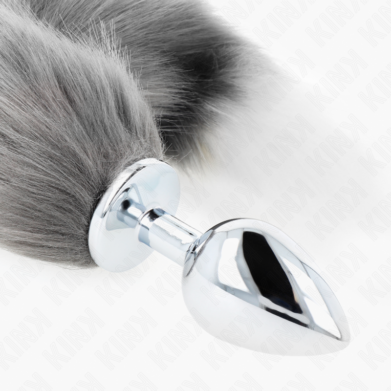 KINK - PLUG ANALE L 10 X 4 CM CON CODA SINTETICA 40 CM GRIGIO E BIANCO - KINK PLEASURE PLUGS | Lingerie Harness Boutique