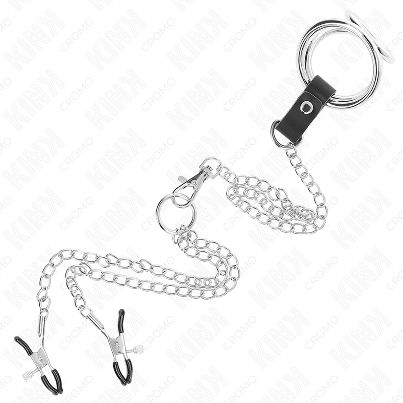 KINK - ANELLO PER PENE IN METALLO CROMATO TRIPLO DA 3,8 CM A 5 CM CON CATENA IN METALLO DA 26 CM E MORSETTI PER CAPEZZOLI MOD1 - KINK RING POWER | Lingerie Harness Boutique