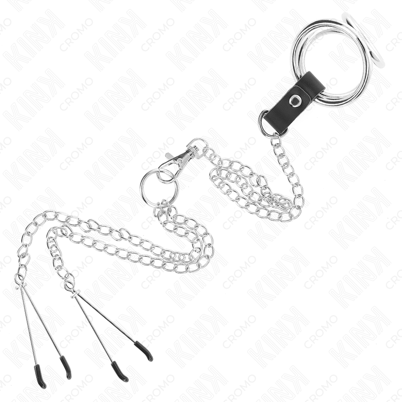 KINK - ANELLO PER PENE IN METALLO CROMATO TRIPLO DA 3,8 CM A 5 CM, CATENA IN METALLO DA 26 CM E MORSETTI PER CAPEZZOLI MOD. 2 - KINK RING POWER | Lingerie Harness Boutique