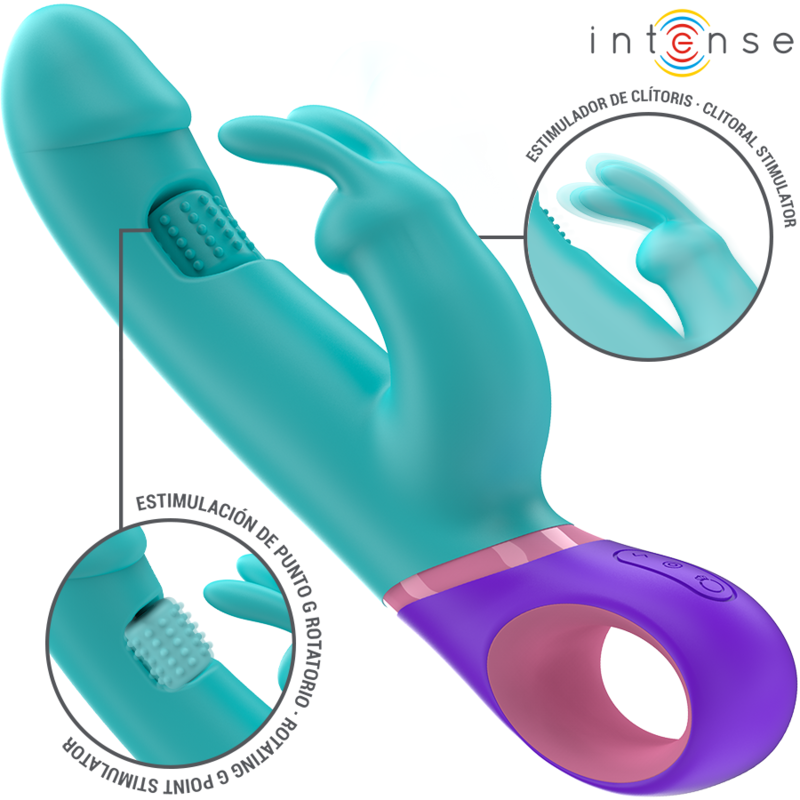 INTENSE - MONICA VIBRATORE RABBIT CON STIMOLATORE G-SPOT ROTANTE BLU - INTENSE FUN | Lingerie Harness Boutique