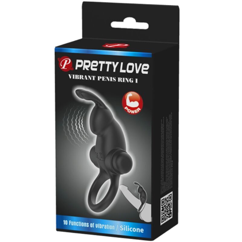 PRETTY LOVE - ANELLO VIBRANTE + STIMOLATORE CLITORIDEO CONIGLIO 10 VIBRAZIONI NERO - PRETTY LOVE | Lingerie Harness Boutique