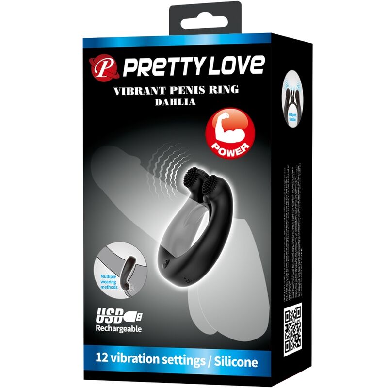 PRETTY LOVE - ANELLO VIBRANTE DAHLIA + STIMOLATORE CLITORIDEO 12 VIBRAZIONI NERO - PRETTY LOVE | Lingerie Harness Boutique