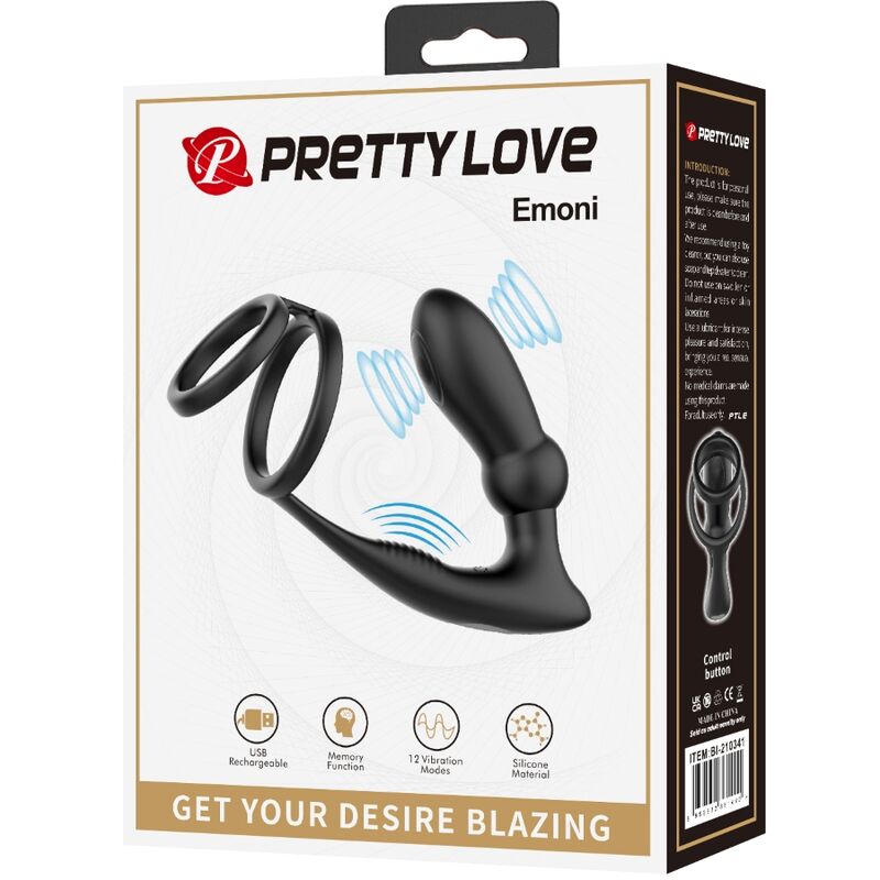PRETTY LOVE - ANELLO PER PENE EMONI + TAPPO ANALE 12 VIBRAZIONI NERO - PRETTY LOVE | Lingerie Harness Boutique
