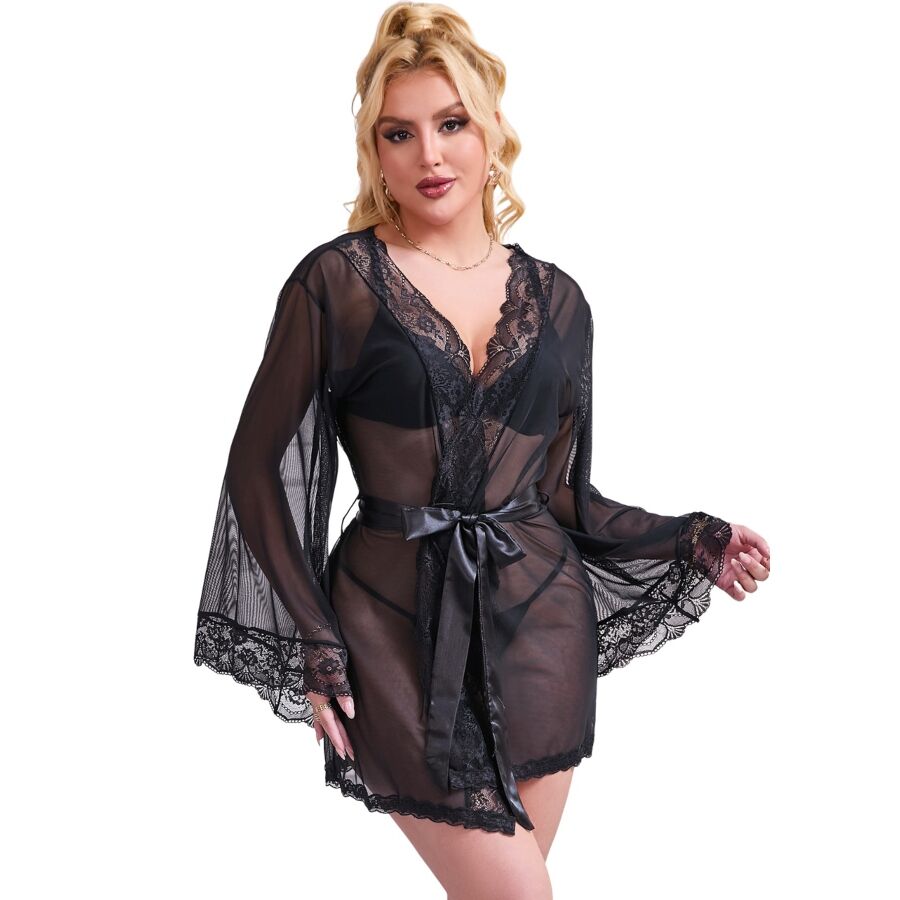 SUBBLIME - VESTAGLIA IN TESSUTO TRASPARENTE CON DETTAGLI IN PIZZO NERO L/XL - SUBBLIME BABYDOLLS | Lingerie Harness Boutique
