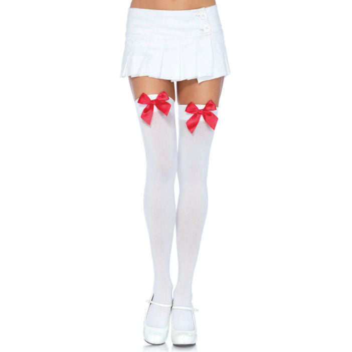 LEG AVENUE - CALZAMAGLIA IN NYLON CON FIOCCO BIANCO/ROSSO - LEG AVENUE HOSIERY | Lingerie Harness Boutique
