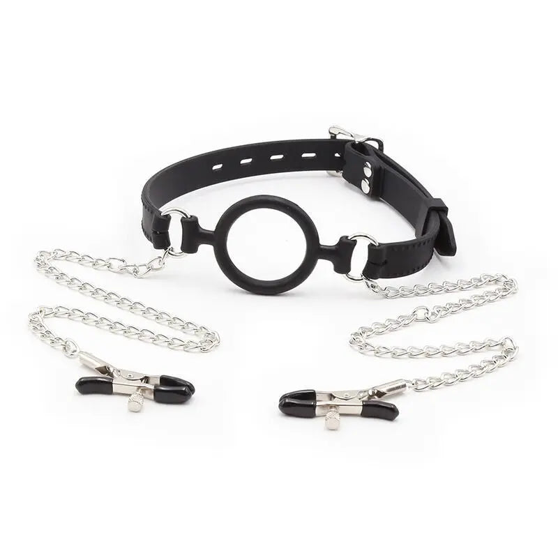 OHMAMA FETISH - Bavaglio ad anello con catenelle e pinze per capezzoli - OHMAMA FETISH | Lingerie Harness Boutique