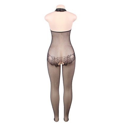 QUEEN LINGERIE - BODYSTOCK WITH OPENING AND FLORAL LACE S/L