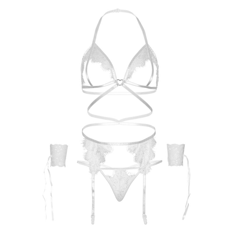 LEG AVENUE - SET QUATTRO PEZZI REGGISENO, G-STRING, REGGISTREE E POLSINI TAGLIA UNICA - BIANCO - LEG AVENUE SETS | Lingerie Harness Boutique