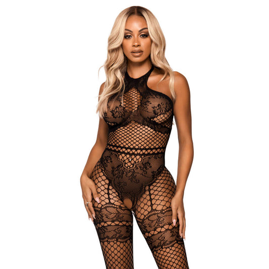 LEG AVENUE - BODYSTOCKING WITH MESH HALTER ONE SIZE - BLACK