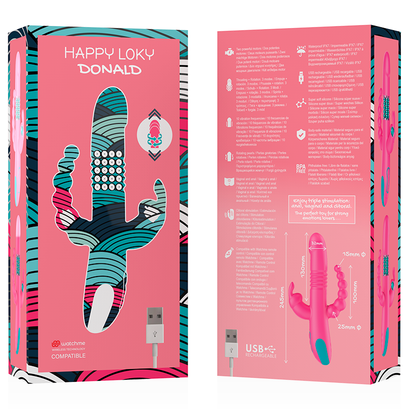 HAPPY LOKY - TRIPLA STIMOLAZIONE DONALD: COMPATIBILE CON LA TECNOLOGIA WIRELESS ANALE, G-SPOT E CLITORIDEA WATCHME - HAPPY LOKY | Lingerie Harness Boutique