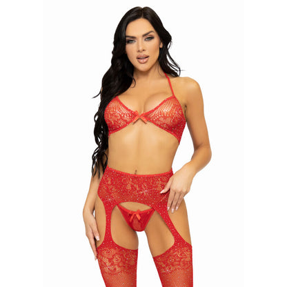 LEG AVENUE - SET TRE PEZZI REGGISENO, PERING E CALZA TAGLIA UNICA - ROSSO - LEG AVENUE SETS | Lingerie Harness Boutique
