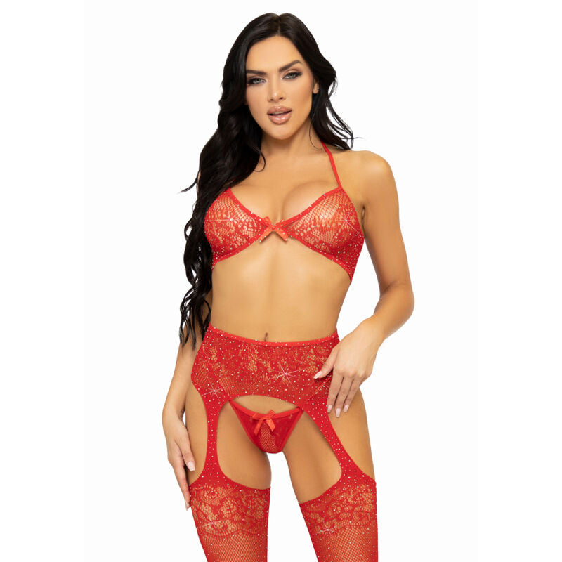 LEG AVENUE - SET TRE PEZZI REGGISENO, PERING E CALZA TAGLIA UNICA - ROSSO - LEG AVENUE SETS | Lingerie Harness Boutique