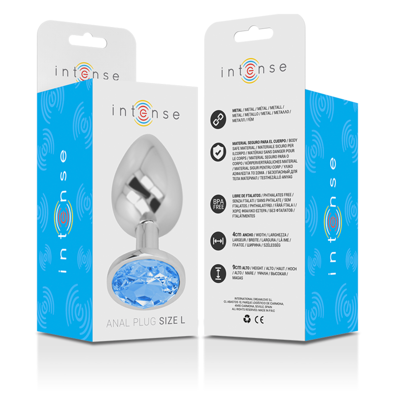 INTENSE - PLUG ANALE IN METALLO ALLUMINIO CON CRISTALLO BLU TAGLIA L