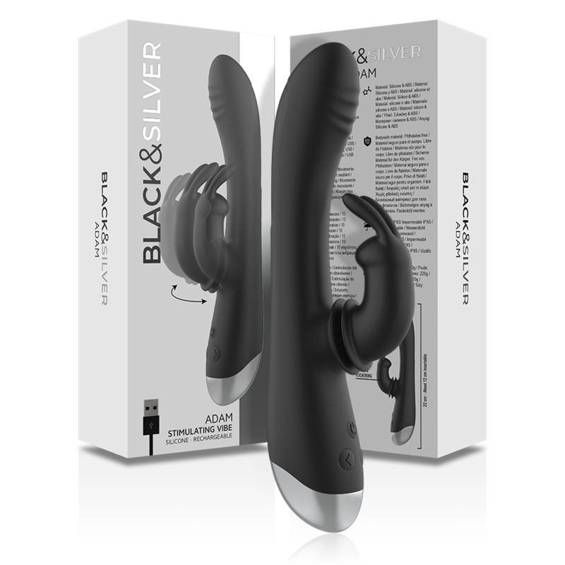 BLACK&SILVER - DJ. STIMOLATORE CONIGLIO IN SILICONE RICARICABILE ADAM NERO - BLACK&SILVER | Lingerie Harness Boutique