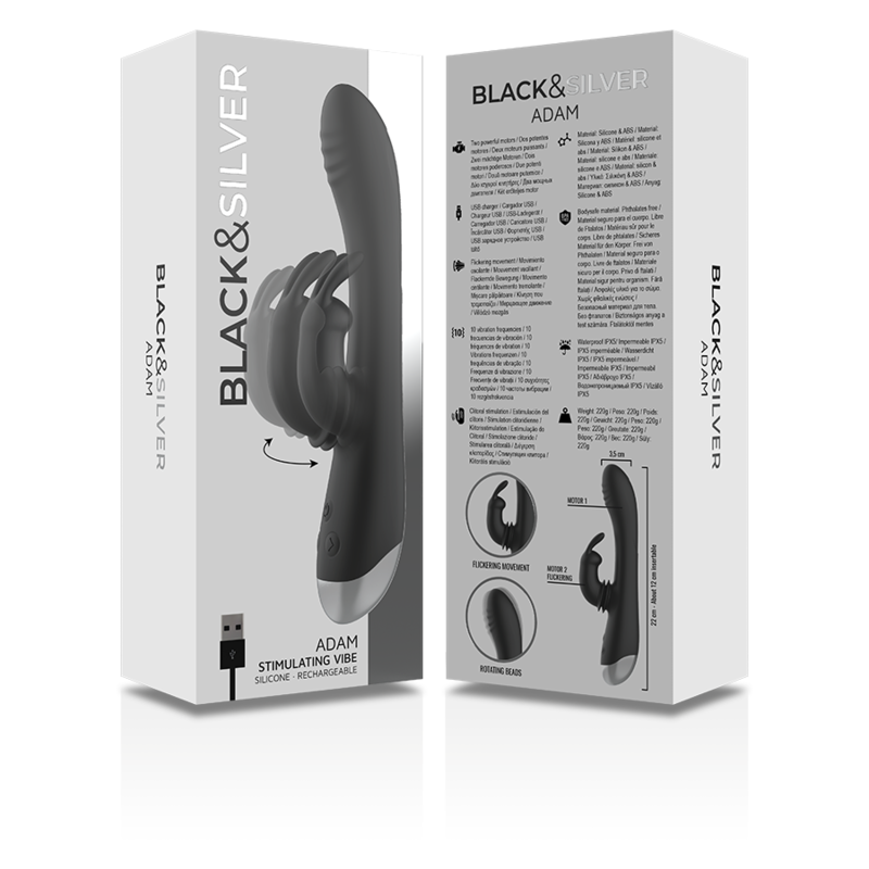 BLACK&SILVER - DJ. STIMOLATORE CONIGLIO IN SILICONE RICARICABILE ADAM NERO - BLACK&SILVER | Lingerie Harness Boutique