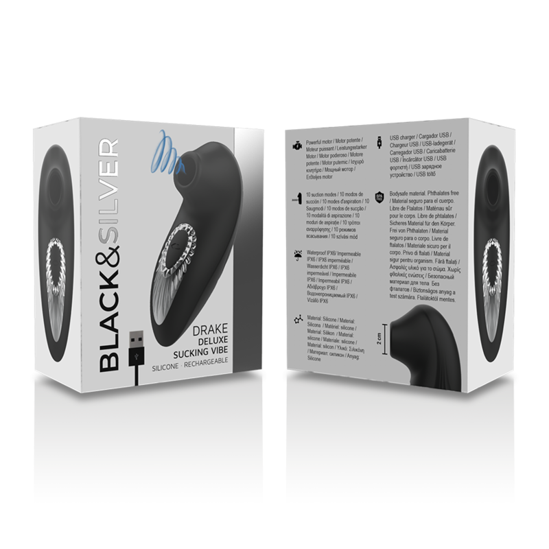 BLACK&SILVER - DRAKE DELUXE SUCKING VIBE RICARICABILE IN SILICONE NERO - BLACK&SILVER | Lingerie Harness Boutique
