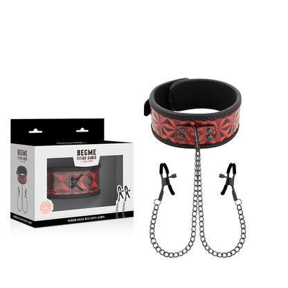 BEGME - COLLETTO RED EDITION CON MORSETTI PER CAPEZZOLI CON FODERA IN NEOPRENE - BEGME RED EDITION | Lingerie Harness Boutique
