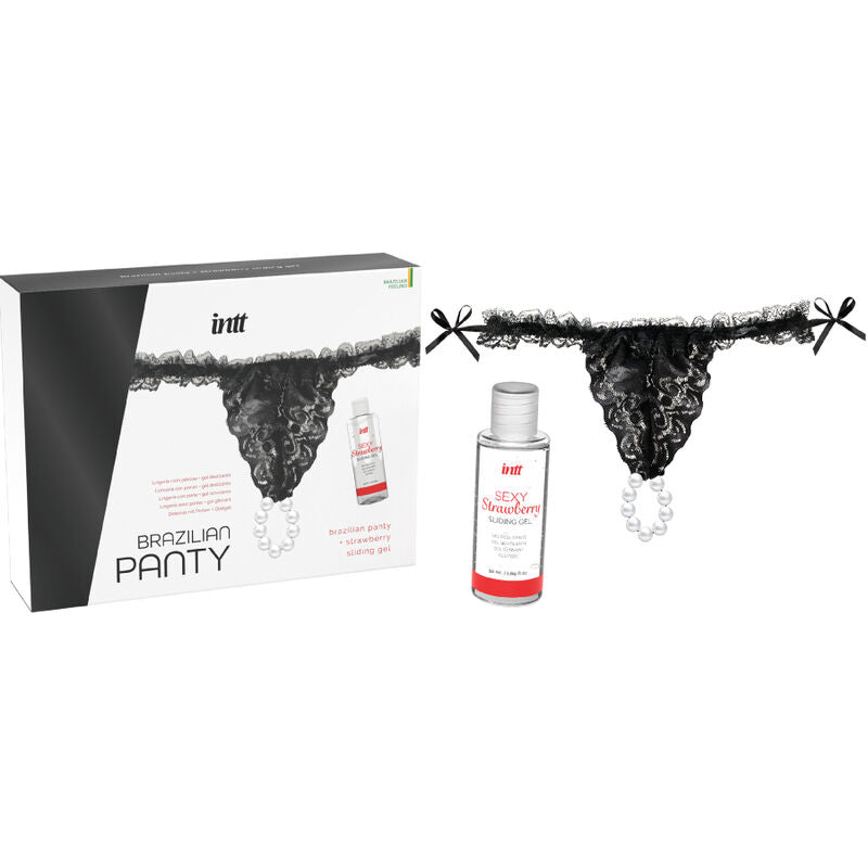 INTT RELEASES - SLIP NERO BRASILIANO CON PERLE E GEL LUBRIFICANTE 50 ML - INTT RELEASES | Lingerie Harness Boutique