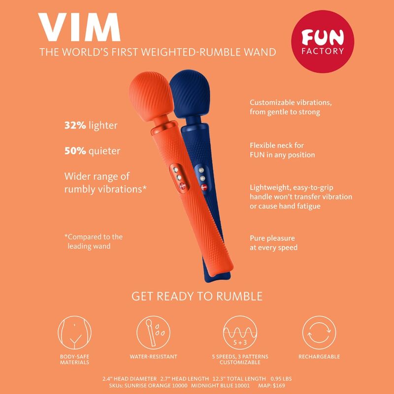 FUN FACTORY - BACCHETTA RUMBLE PESATA VIBRANTE RICARICABILE IN SILICONE VIM BLU NOTTE