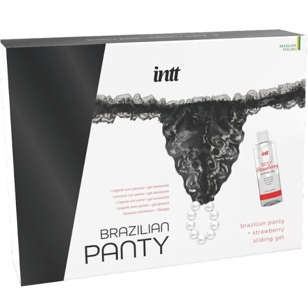 INTT RELEASES - SLIP NERO BRASILIANO CON PERLE E GEL LUBRIFICANTE 50 ML - INTT RELEASES | Lingerie Harness Boutique