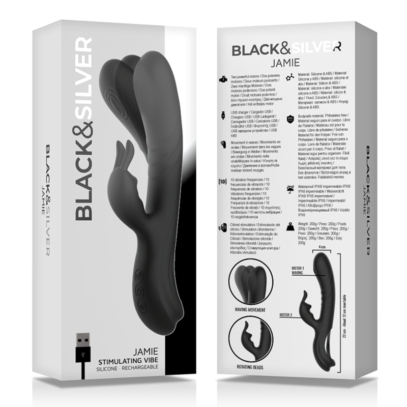 BLACK&SILVER - STIMOLATORE CONIGLIO IN SILICONE RICARICABILE JAMIE NERO - BLACK&SILVER | Lingerie Harness Boutique