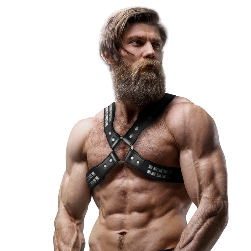 FETISH SUBMISSIVE ATTITUDE - IMBRACATURA IN ECOPELLE CON PETTO INCROCIATO DA UOMO CON RIVETTI - FETISH SUBMISSIVE ATTITUDE | Lingerie Harness Boutique