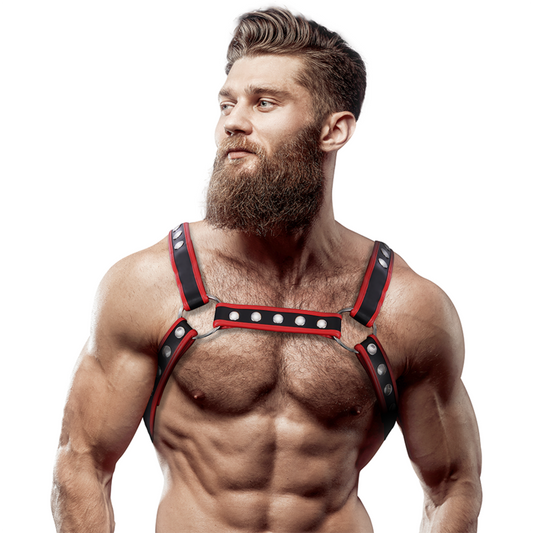 FETISH SUBMISSIVE ATTITUDINE - IMBRACATURA PER BULLDOG IN ECOPELLE DA UOMO NERA/ROSSA - FETISH SUBMISSIVE ATTITUDE | Lingerie Harness Boutique