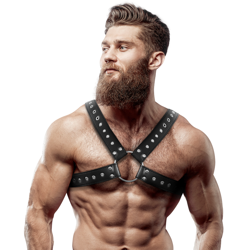 FETISH SUBMISSIVE ATTITUDINE - IMBRACATURA PER IL PETTO IN ECOPELLE INCROCIATA DA UOMO CON BORCHIE - FETISH SUBMISSIVE ATTITUDE | Lingerie Harness Boutique