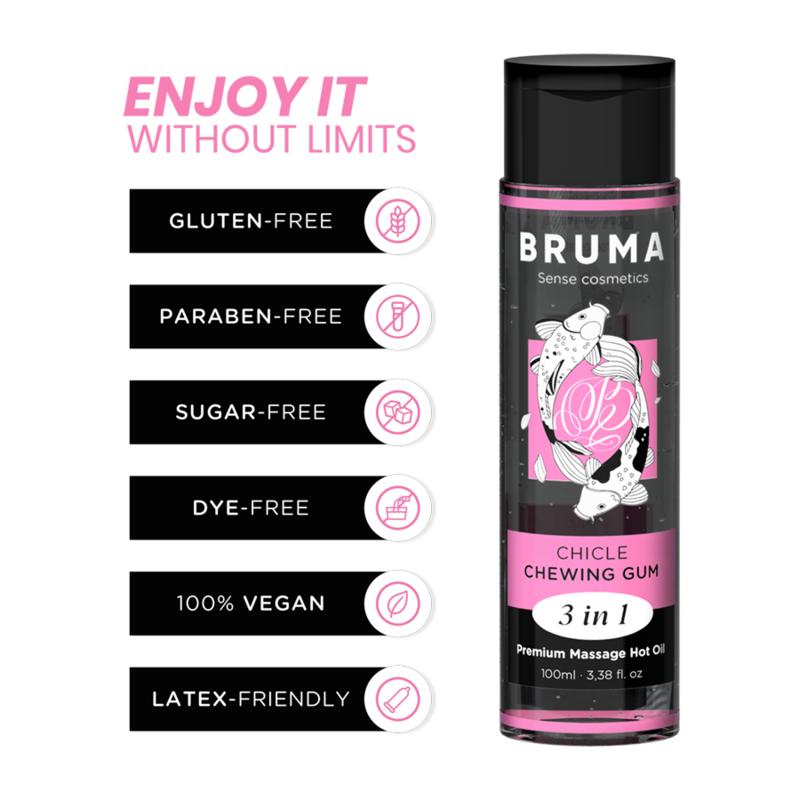 BRUMA - OLIO DA MASSAGGIO PREMIUM EFFETTO CALORE SAPORE GOMMA 3 IN 1 - 100 ML - BRUMA | Lingerie Harness Boutique