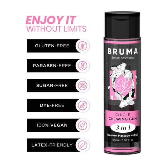 BRUMA - OLIO DA MASSAGGIO PREMIUM EFFETTO CALORE SAPORE GOMMA 3 IN 1 - 100 ML - BRUMA | Lingerie Harness Boutique