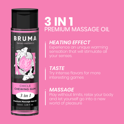 BRUMA - OLIO DA MASSAGGIO PREMIUM EFFETTO CALORE SAPORE GOMMA 3 IN 1 - 100 ML - BRUMA | Lingerie Harness Boutique