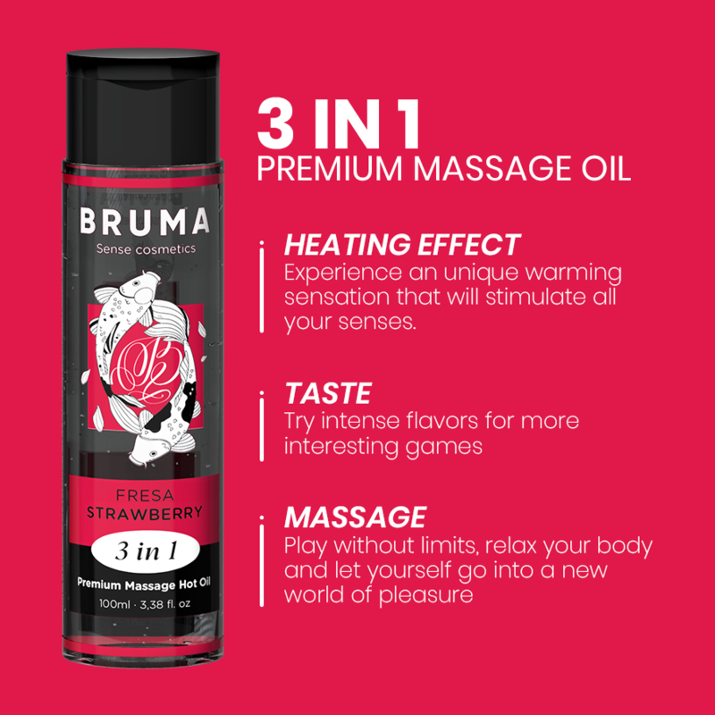 BRUMA - OLIO DA MASSAGGIO PREMIUM EFFETTO CALORE SAPORE FRAGOLA 3 IN 1 - 100 ML - BRUMA | Lingerie Harness Boutique