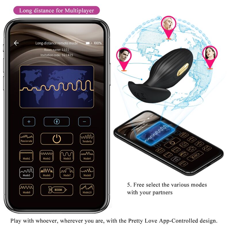 PRETTY LOVE - PLUG ANALE CONTROLLATO DA APP JEFFERSON NERO - PRETTY LOVE BOTTOM | Lingerie Harness Boutique
