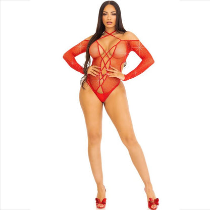 LEG AVENUE - BODY CROTHLESS CON ROSSO LUCIDO - LEG AVENUE BODYSTOCKINGS | Lingerie Harness Boutique