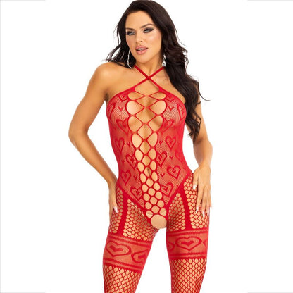 LEG AVENUE - BODYSTOCKING HALTER RED NECK RED HEARTS