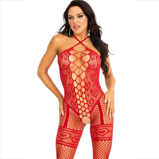 LEG AVENUE - BODYSTOCKING HALTER RED NECK RED HEARTS