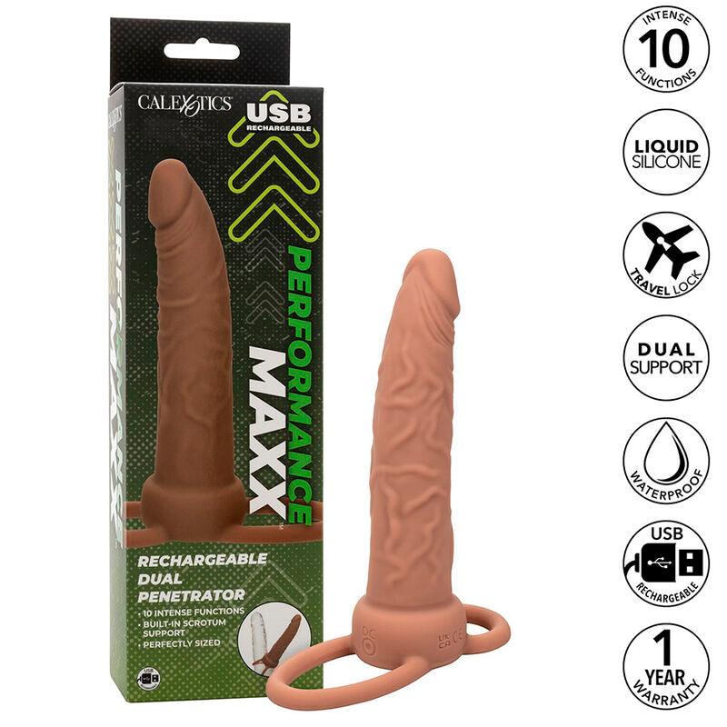 CALEXOTICS - PERFORMANCE MAXX RICARICABILE DOPPIO PENETRATORE MARRONE PELLE - CALEXOTICS | Lingerie Harness Boutique