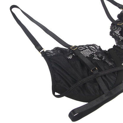 SUBBLIME - SET 3 PEZZI REGGISENO + PERIZOMA + GIARRETTIERA IN PIZZO NERO L/XL - SUBBLIME SETS | Lingerie Harness Boutique