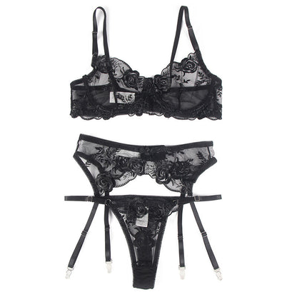 SUBBLIME - SET 3 PEZZI REGGISENO + PERIZOMA + GIARRETTIERA STAMPA FLOREALE NERO L/XL - SUBBLIME SETS | Lingerie Harness Boutique