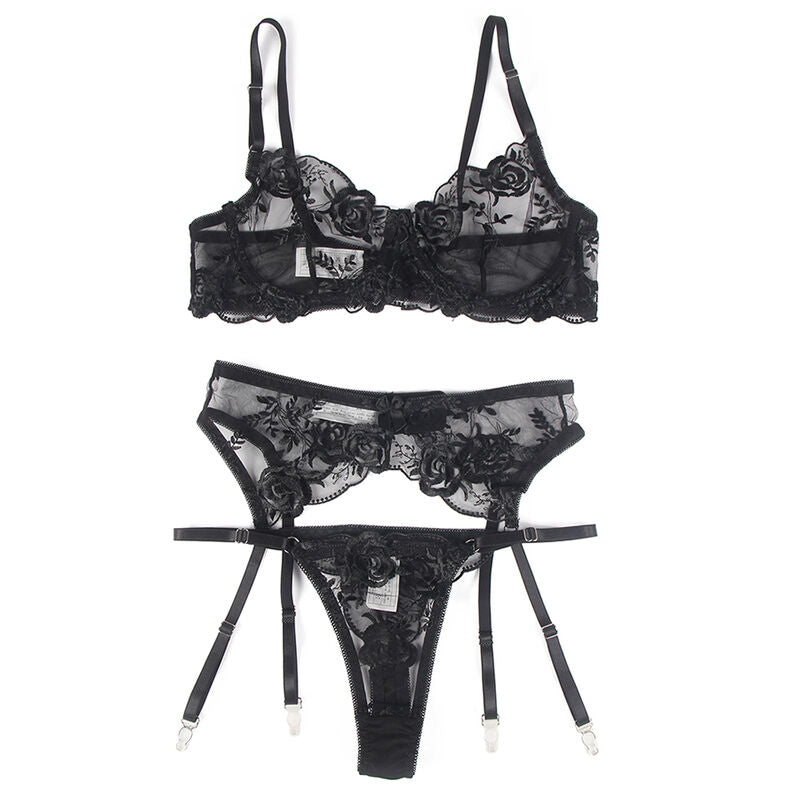 SUBBLIME - SET 3 PEZZI REGGISENO + PERIZOMA + GIARRETTIERA STAMPA FLOREALE NERO L/XL - SUBBLIME SETS | Lingerie Harness Boutique