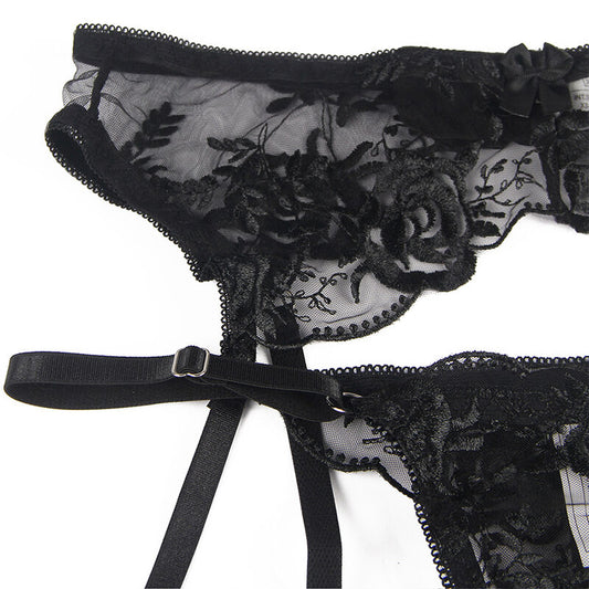 SUBBLIME - SET 3 PEZZI REGGISENO + PERIZOMA + GIARRETTIERA STAMPA FLOREALE NERO L/XL - SUBBLIME SETS | Lingerie Harness Boutique