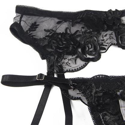 SUBBLIME - SET 3 PEZZI REGGISENO + PERIZOMA + GIARRETTIERA STAMPA FLOREALE NERO L/XL - SUBBLIME SETS | Lingerie Harness Boutique