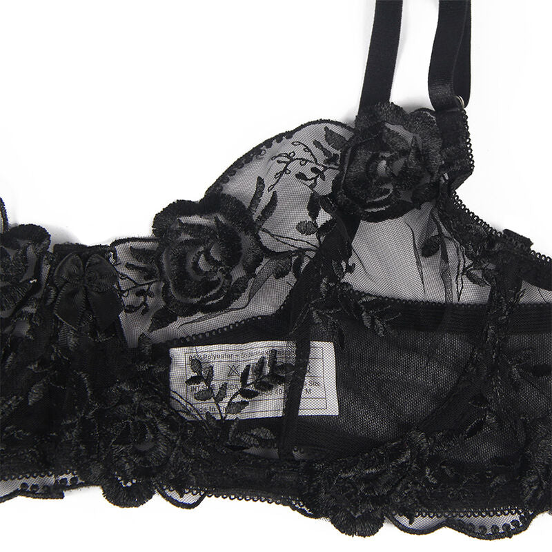 SUBBLIME - SET 3 PEZZI REGGISENO + PERIZOMA + GIARRETTIERA STAMPA FLOREALE NERO L/XL - SUBBLIME SETS | Lingerie Harness Boutique