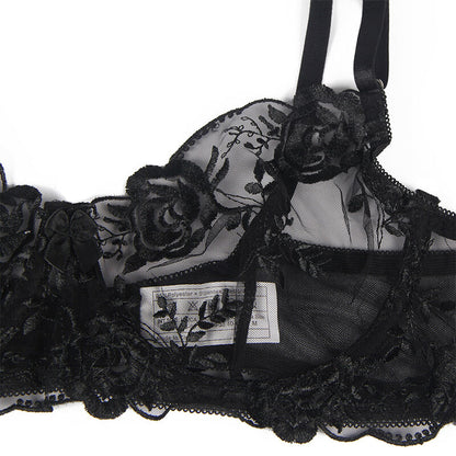 SUBBLIME - SET 3 PEZZI REGGISENO + PERIZOMA + GIARRETTIERA STAMPA FLOREALE NERO L/XL - SUBBLIME SETS | Lingerie Harness Boutique