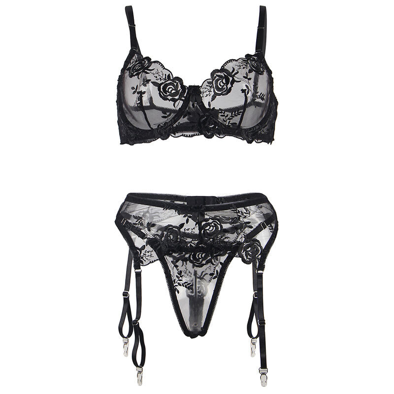 SUBBLIME - SET 3 PEZZI REGGISENO + PERIZOMA + GIARRETTIERA STAMPA FLOREALE NERO L/XL - SUBBLIME SETS | Lingerie Harness Boutique
