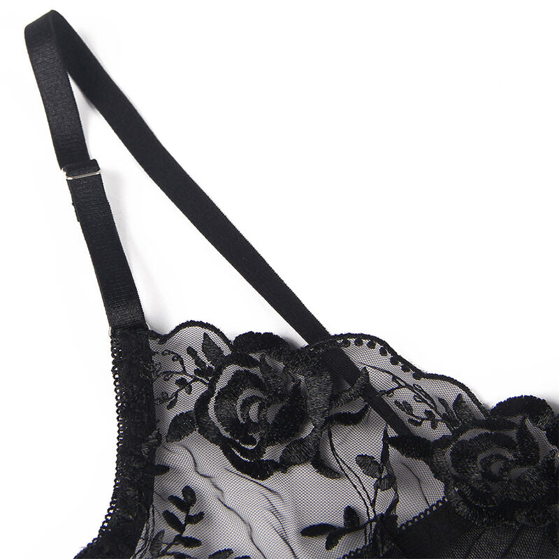 SUBBLIME - SET 3 PEZZI REGGISENO + PERIZOMA + GIARRETTIERA STAMPA FLOREALE NERO L/XL - SUBBLIME SETS | Lingerie Harness Boutique